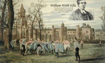 Гравюра народження ігри: під час футбольного матчу в коледжі міста Регбі Вільям Уебб Елліс в 1823 році взяв м'яч в руки