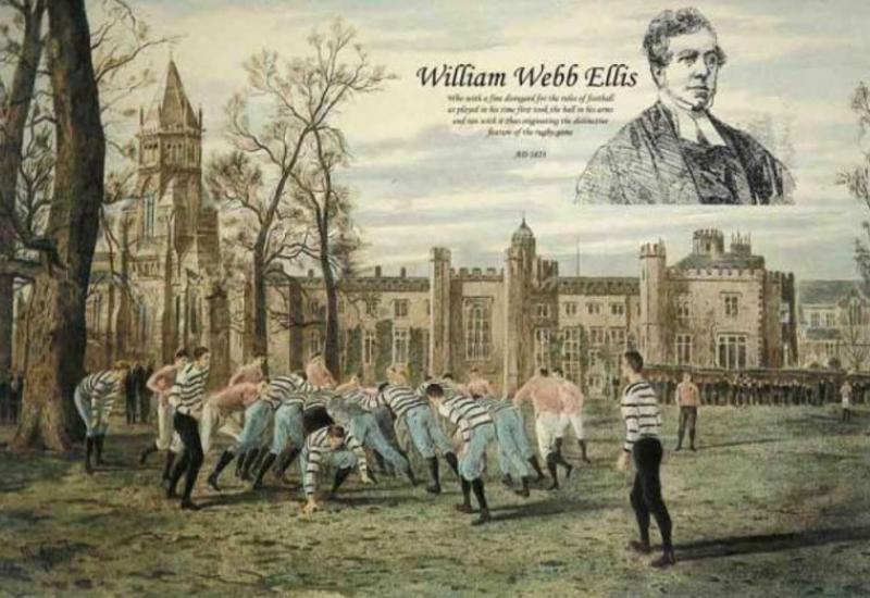 Гравюра народження ігри: під час футбольного матчу в коледжі міста Регбі Вільям Уебб Елліс в 1823 році взяв м'яч в руки