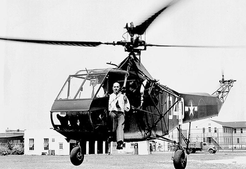 I. Sikorsky on the helicopter he developed, 1944.
